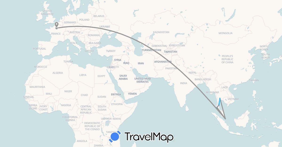 TravelMap itinerary: driving, bus, plane, boat in France, Singapore, Thailand (Asia, Europe)
